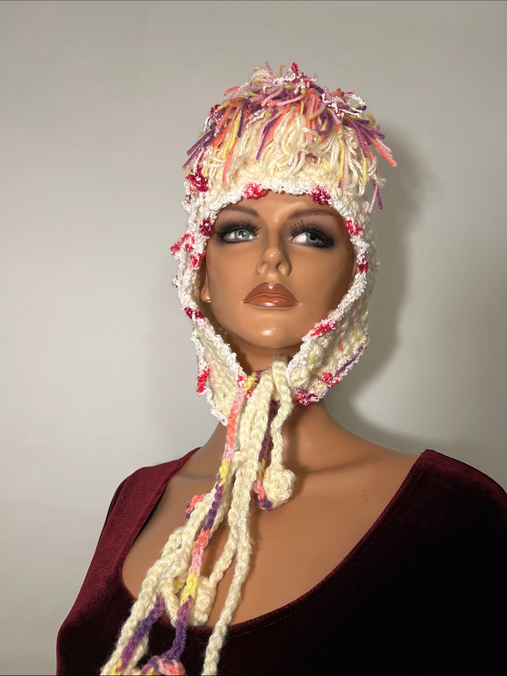 Cream Multicolor Hand-Knit Unicorn Earflap Hat